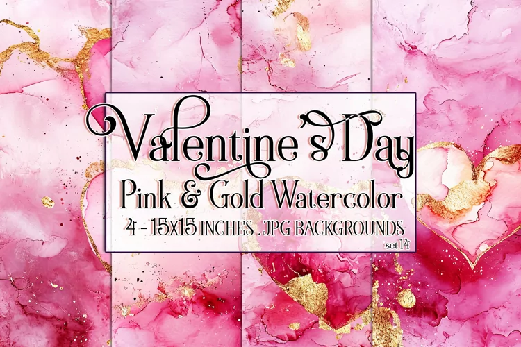 Valentine's Day, Pink & Gold Watercolor Backgrounds, s14