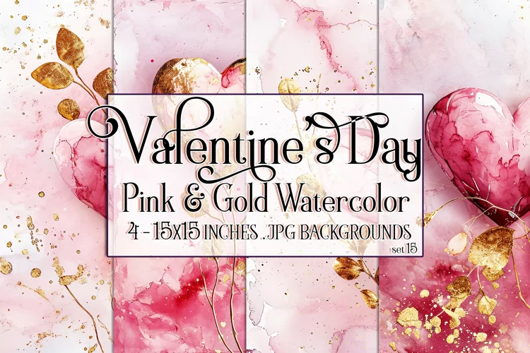 Valentine's Day, Pink & Gold Watercolor Backgrounds, s15