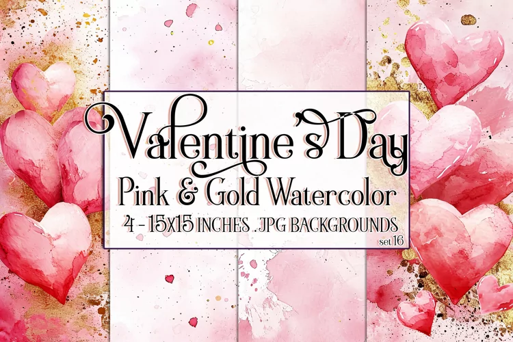 Valentine's Day, Pink & Gold Watercolor Backgrounds, s16