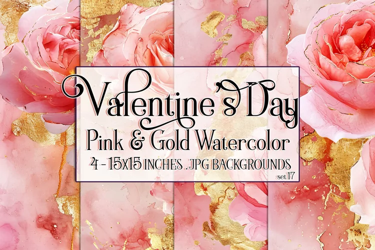 Valentine's Day, Pink & Gold Watercolor Backgrounds, s17