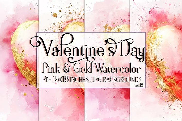 Valentine's Day, Pink & Gold Watercolor Backgrounds, s18