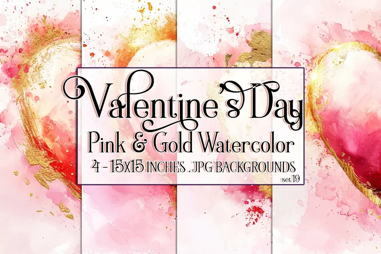 Valentine's Day, Pink & Gold Watercolor Backgrounds, s19