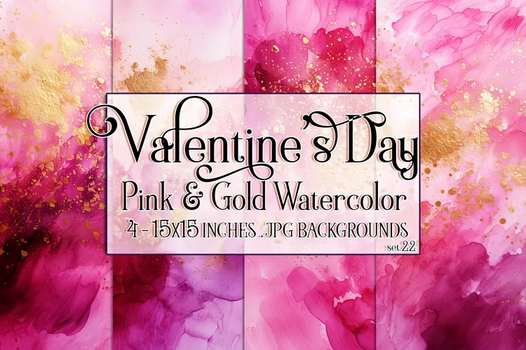 Valentine's Day, Pink & Gold Watercolor Backgrounds, s22