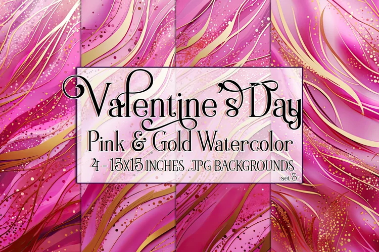 Valentine's Day, Pink & Gold Watercolor Backgrounds, s3