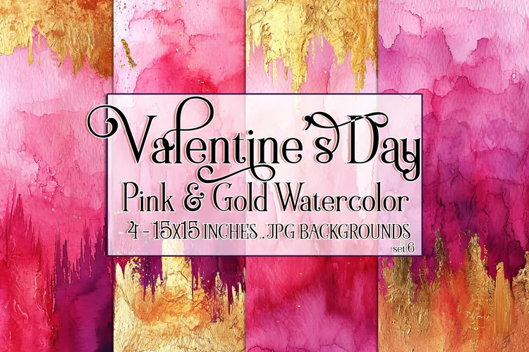 Valentine's Day, Pink & Gold Watercolor Backgrounds, s6