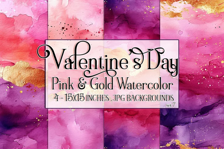 Valentine's Day, Pink & Gold Watercolor Backgrounds, s7