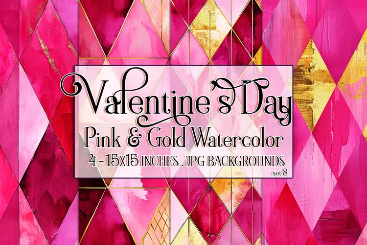 Valentine's Day, Pink & Gold Watercolor Backgrounds, s8