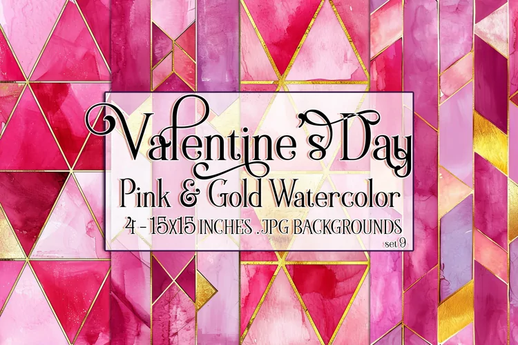 Valentine's Day, Pink & Gold Watercolor Backgrounds, s9