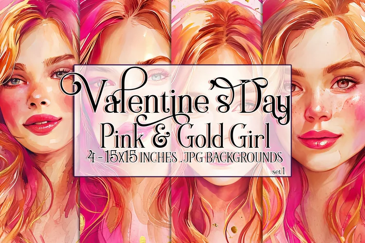 Valentine's Day, Pink & Gold Girl Watercolor Backgrounds, s1