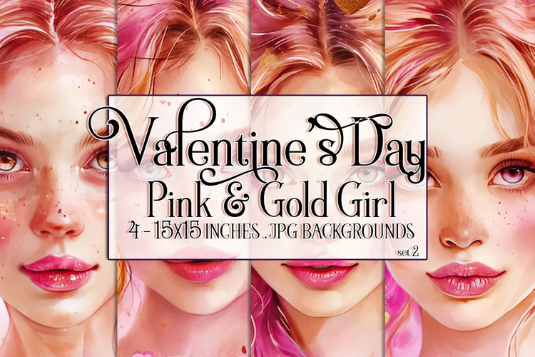 Valentine's Day, Pink & Gold Girl Watercolor Backgrounds, s2