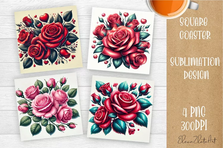 Flowers Square Coasters, Floral Sublimation Design