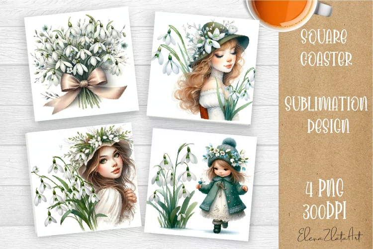 Flowers Square Coasters, Floral Sublimation Design