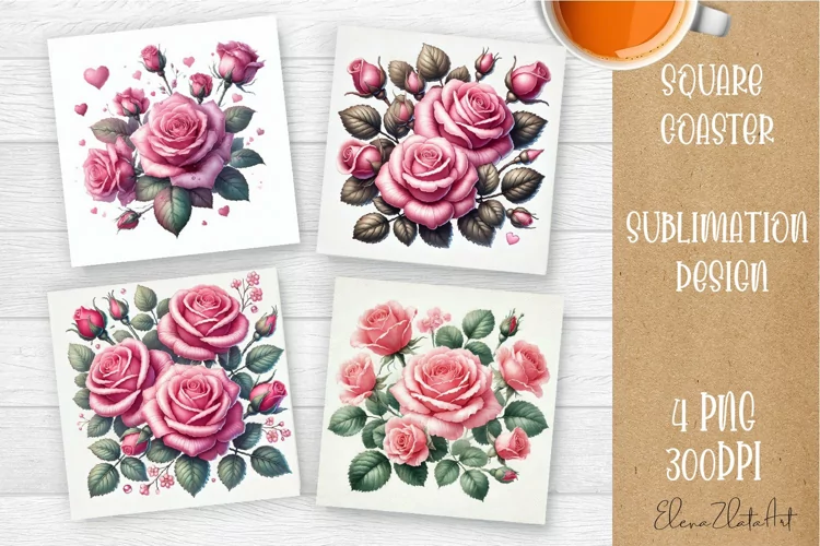 Flowers Square Coasters, Floral Sublimation Design