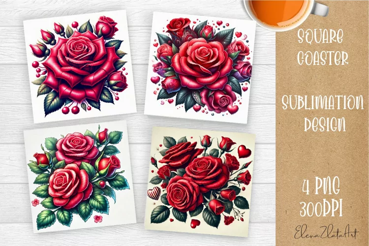 Flowers Square Coasters, Floral Sublimation Design