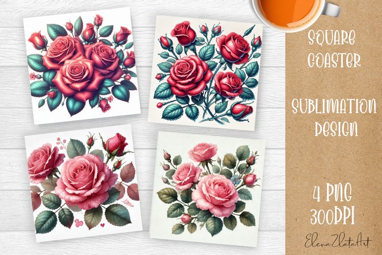 Flowers Square Coasters, Floral Sublimation Design