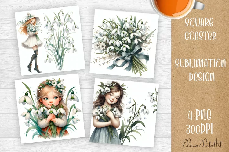 Flowers Square Coasters, Floral Sublimation Design