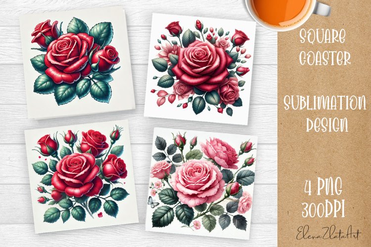 Flowers Square Coasters, Floral Sublimation Design example image 1