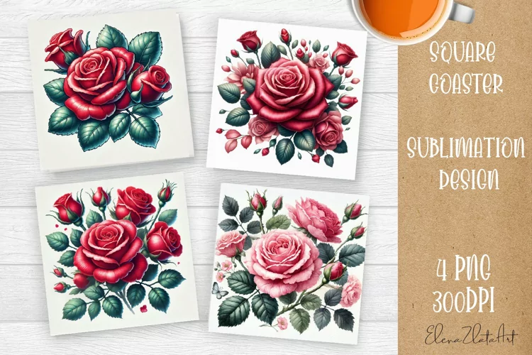 Flowers Square Coasters, Floral Sublimation Design