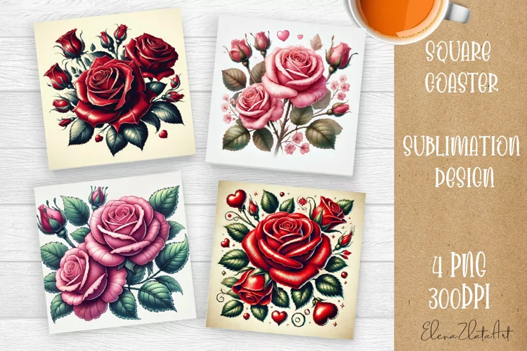 Flowers Square Coasters, Floral Sublimation Design