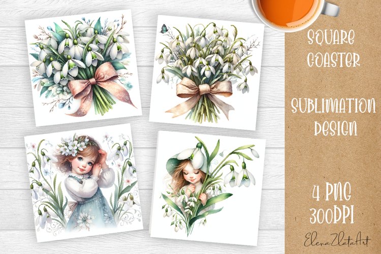 Flowers Square Coasters, Floral Sublimation Design example image 1