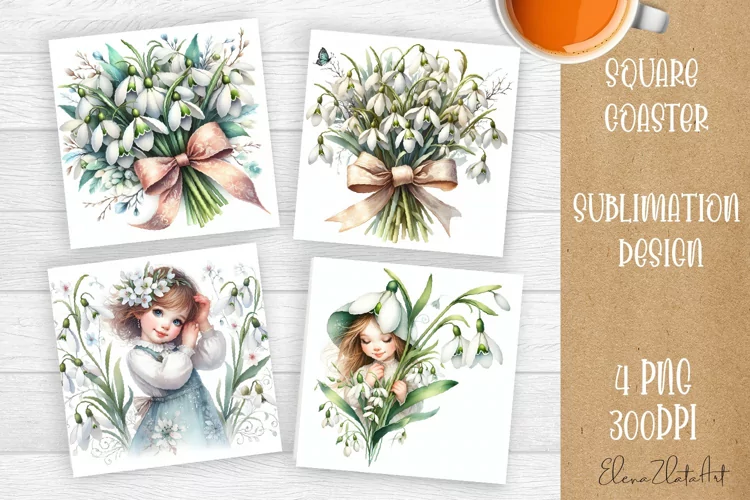 Flowers Square Coasters, Floral Sublimation Design