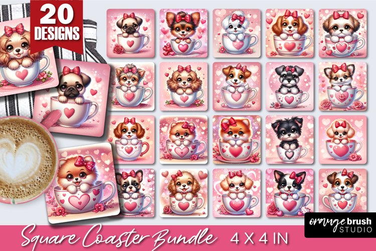 Valentine's Day Square Coaster - Cute Dog Sublimation Bundle