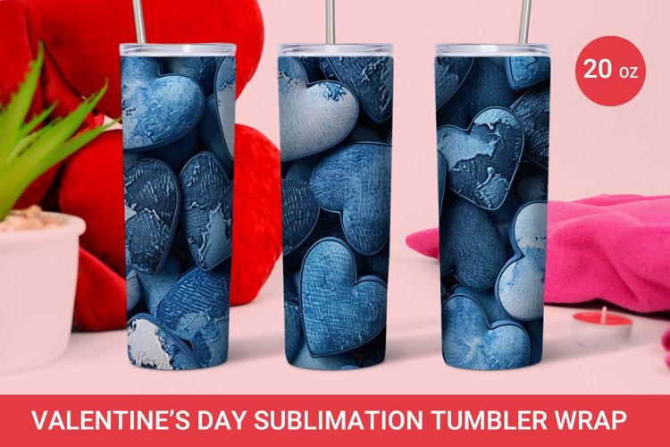 Valentine day tumbler, 3d heart tumbler, denim heart tumbler