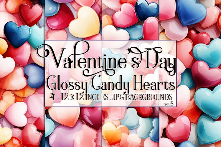 Valentine's Day, Glossy Candy Hearts Patterns, Seamless, s8