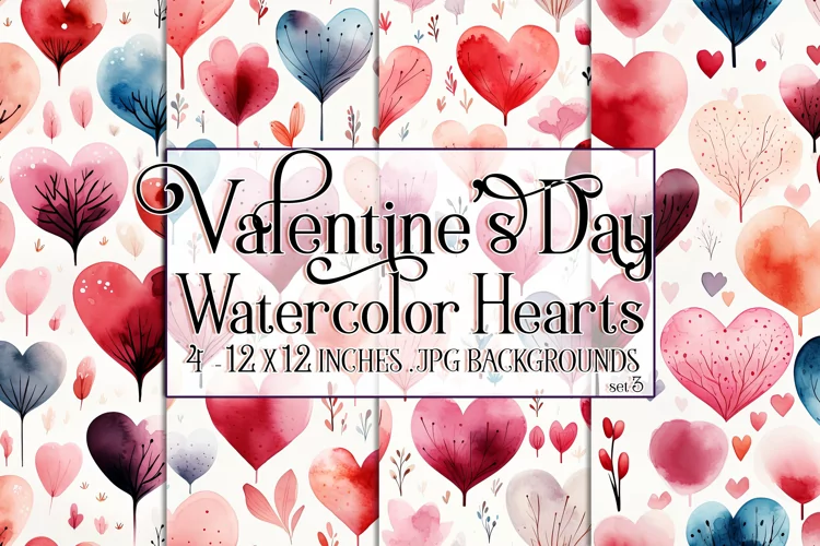 Valentine's Day, Watercolor Hearts Patterns, Seamless, s3