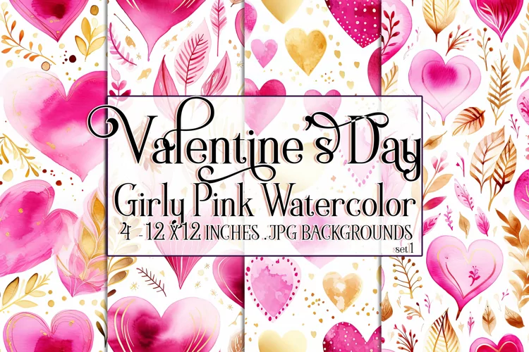 Valentine's Day, Girly Pink Watercolor Seamless Patterns, s1