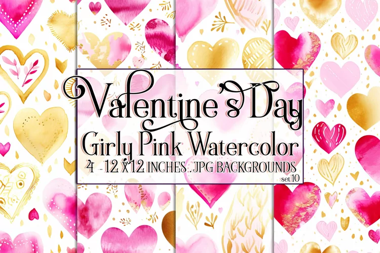 Valentine's Day, Girly Pink Watercolor Seamless Patterns, 10