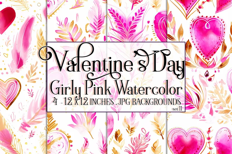 Valentine's Day, Girly Pink Watercolor Seamless Patterns, 11