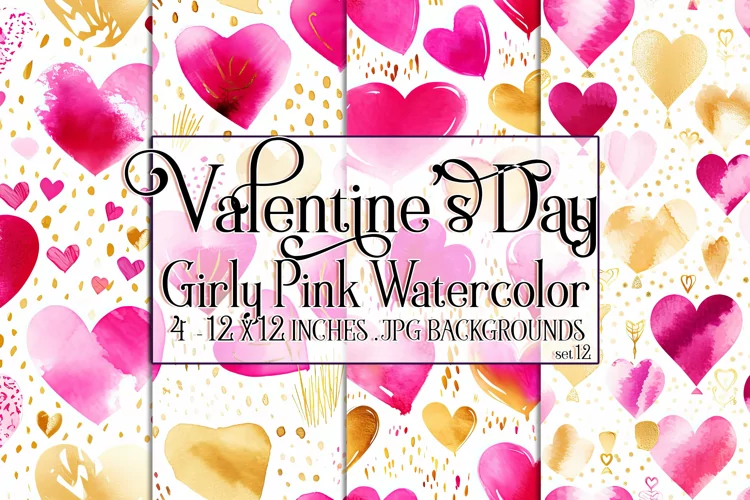 Valentine's Day, Girly Pink Watercolor Seamless Patterns, 12