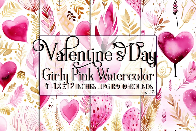 Valentine's Day, Girly Pink Watercolor Seamless Patterns, 13