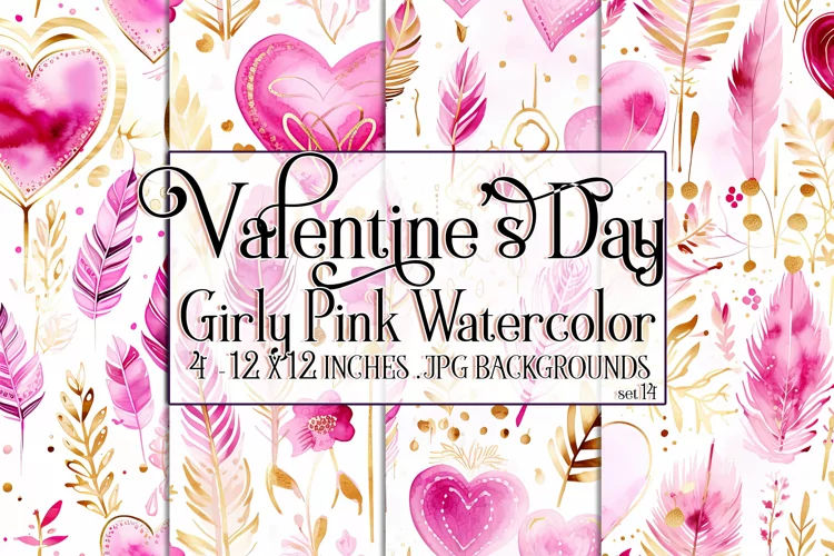 Valentine's Day, Girly Pink Watercolor Seamless Patterns, 14