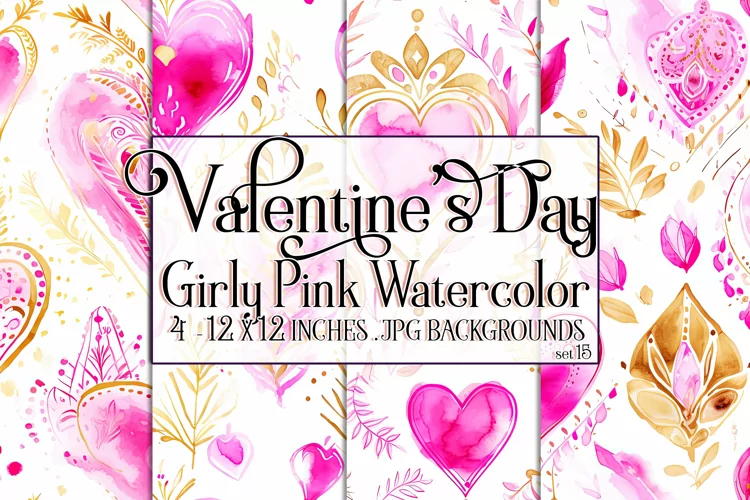 Valentine's Day, Girly Pink Watercolor Seamless Patterns, 15