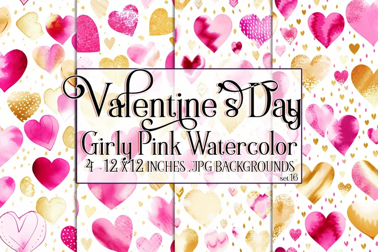 Valentine's Day, Girly Pink Watercolor Seamless Patterns, 16