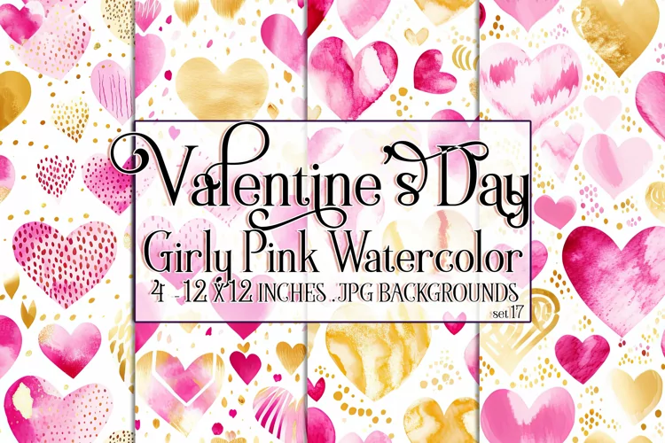 Valentine's Day, Girly Pink Watercolor Seamless Patterns, 17