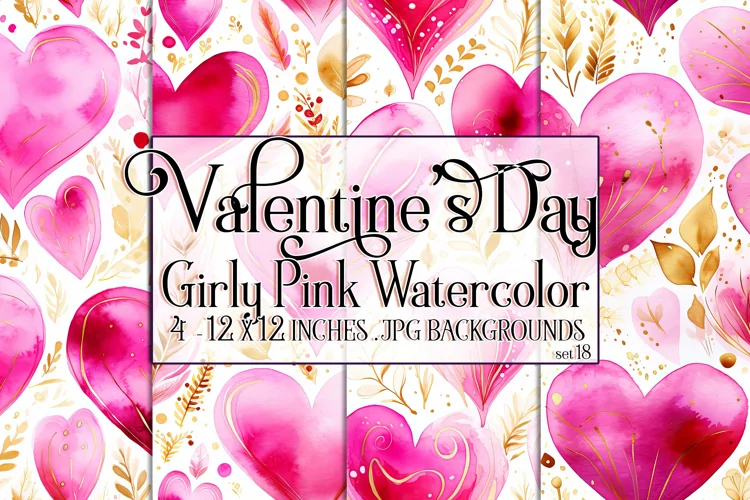 Valentine's Day, Girly Pink Watercolor Seamless Patterns, 18