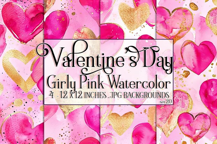 Valentine's Day, Girly Pink Watercolor Seamless Patterns, 20