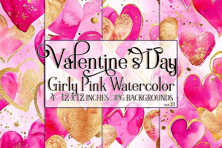 Valentine's Day, Girly Pink Watercolor Seamless Patterns, 21