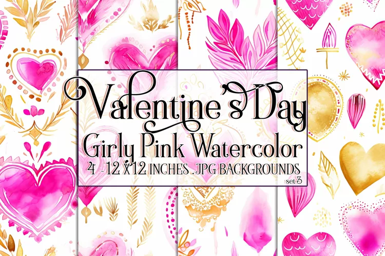 Valentine's Day, Girly Pink Watercolor Seamless Patterns, s3