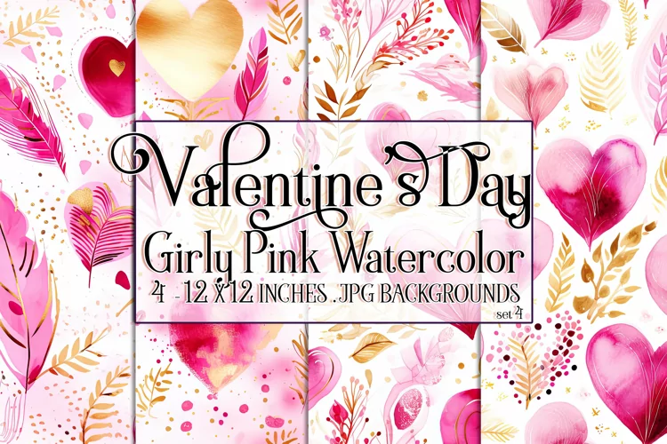 Valentine's Day, Girly Pink Watercolor Seamless Patterns, s4
