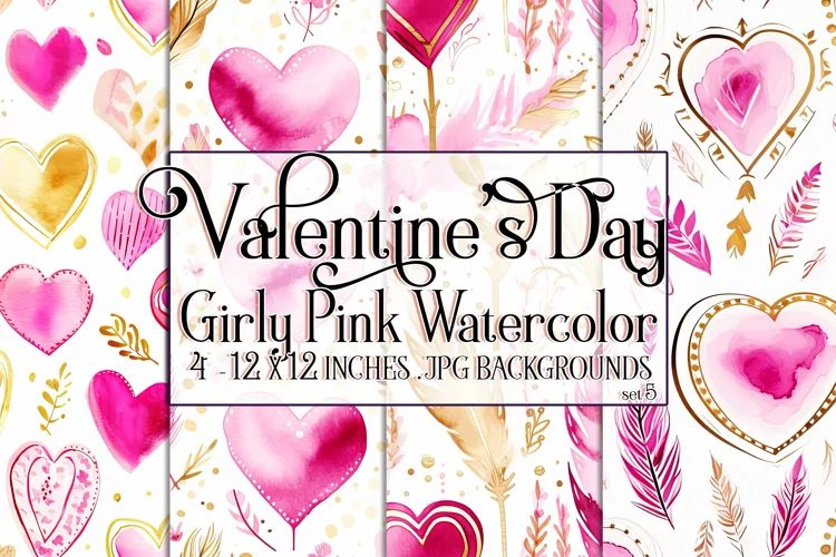 Valentine's Day, Girly Pink Watercolor Seamless Patterns, s5