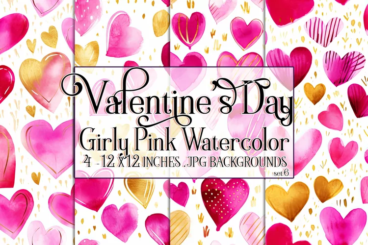 Valentine's Day, Girly Pink Watercolor Seamless Patterns, s6