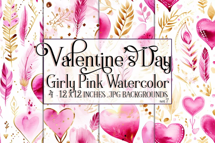 Valentine's Day, Girly Pink Watercolor Seamless Patterns, s7