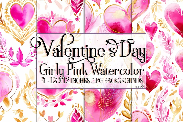 Valentine's Day, Girly Pink Watercolor Seamless Patterns, s8