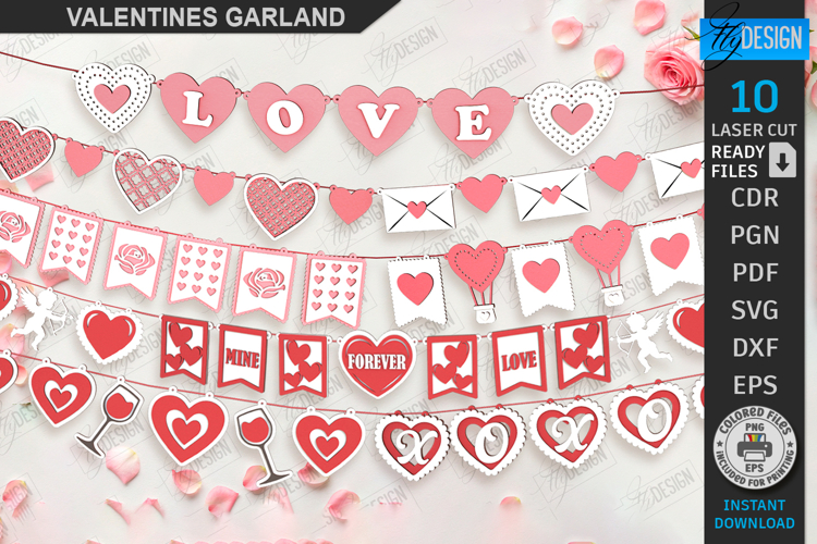 Valentine’s Day Garlands Laser Cut Bundle | Wall Decor SVG