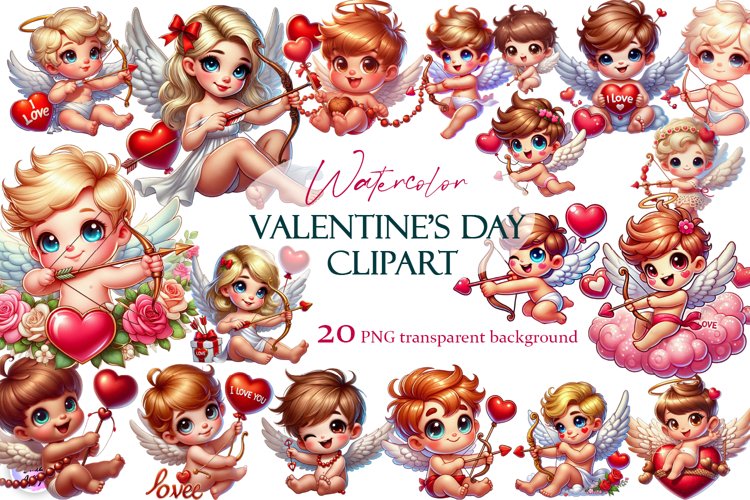Valentines Day Cherubs Watercolor Clipart