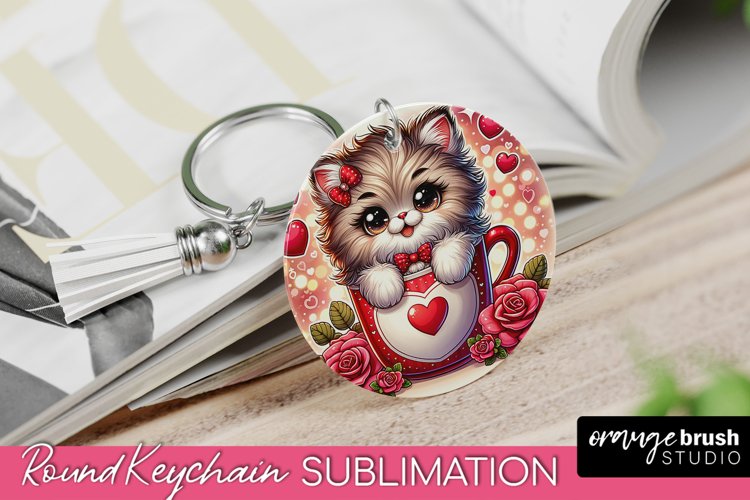 Valentines Keychain - Cute Cat Round Keychain Sublimation